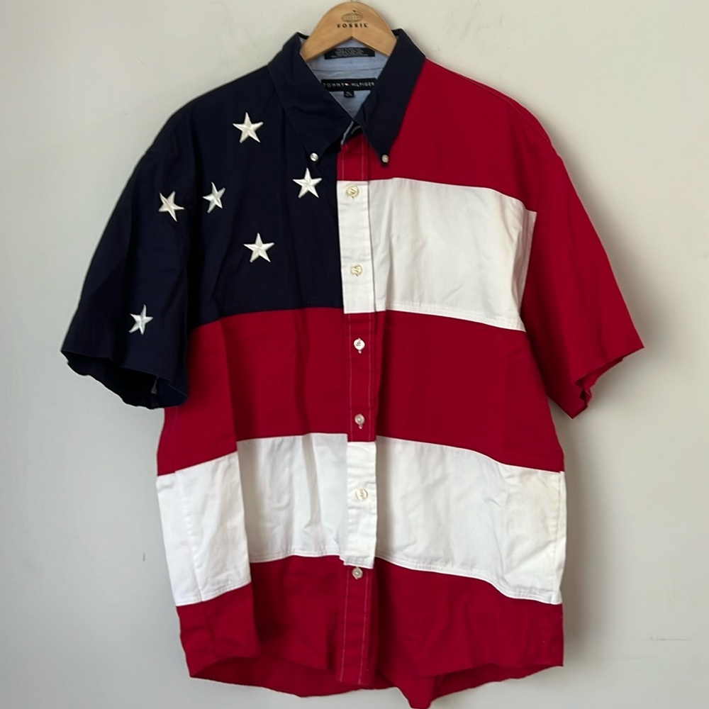 Vintage Tommy Hilfiger Mens American Flag Short Sleeve Shirt Embroidered Sz XL🖤